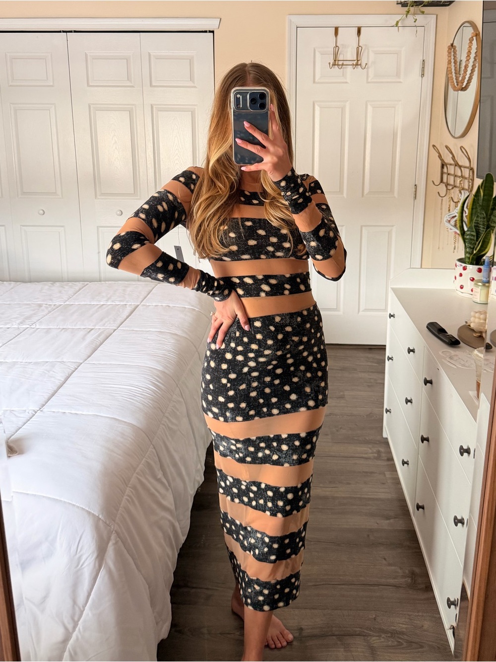 Norma Kamali Sliced Black & Tan Scattered Dots Long Sleeve Midi Dress